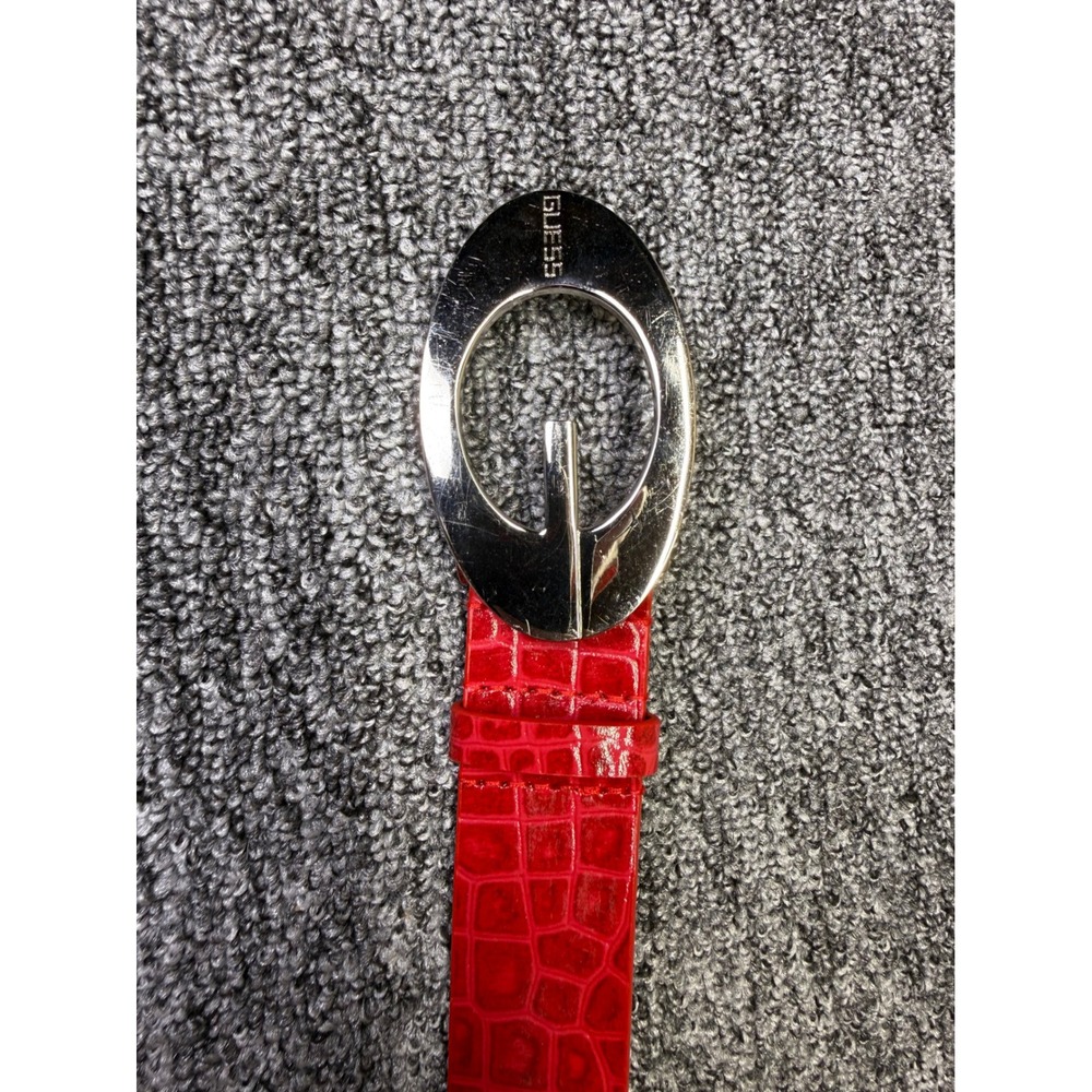 Guess Womens Red Croc Embossed Leather Belt Silver Oval Buckle Medium 937064